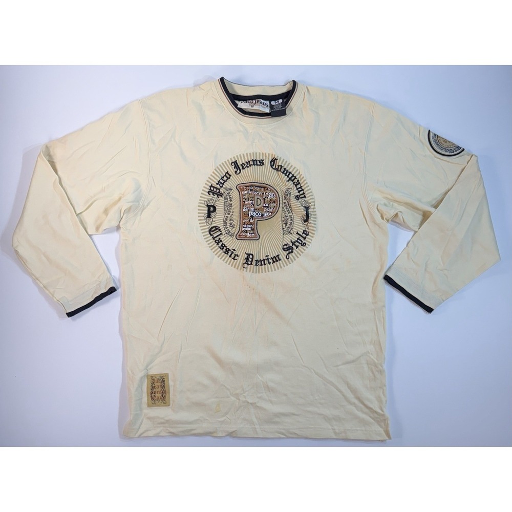 Paco Jeans Graphic Shirt Mens M Cream Y2K Streetwear Denim Style